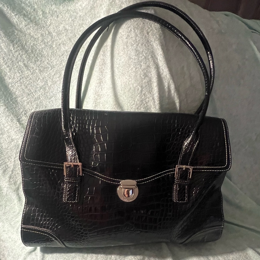 Vintage Liz Claiborne Black Croc-Embossed Top-Handle Satchel Laptop Bag Purse